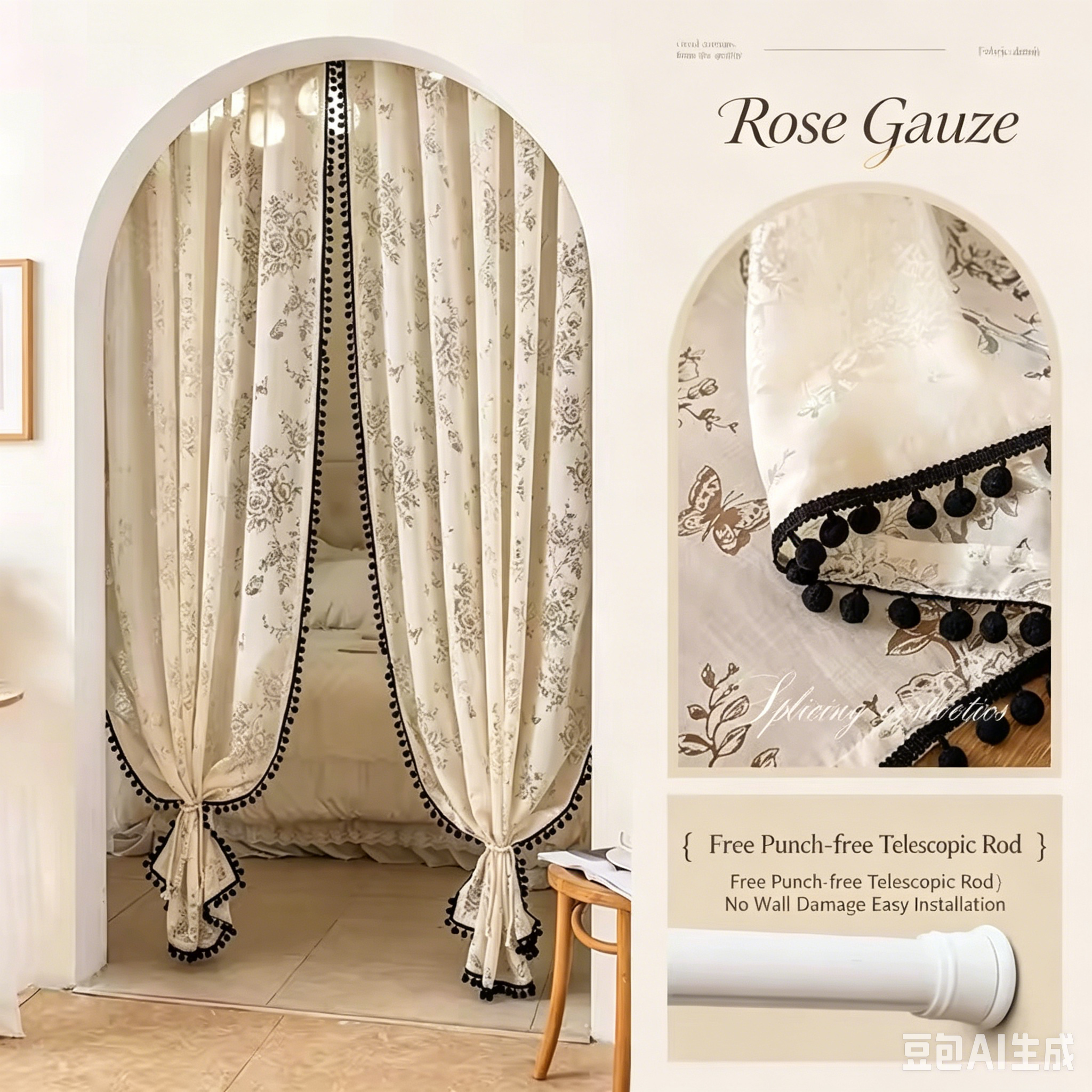 French Romantic Floral Lace Doorway Curtain - 20" W x 71" H Semi-Sheer Room Divider with Pom Pom Trim, Free Tension Rod Included