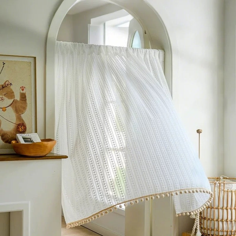 59" × 47" Cute White Door Curtain with Removable Cloud Plush Dolls & Pom Pom Tassels, Semi Sheer Privacy Curtain for Closet, Bedroom, Kitchen, No Drill Rod Pocket Short Curtain for Small Doorways, Boho Aesthetic Room Decor