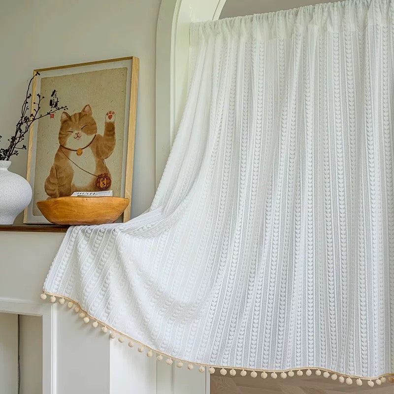 59" × 47" Cute White Door Curtain with Removable Cloud Plush Dolls & Pom Pom Tassels, Semi Sheer Privacy Curtain for Closet, Bedroom, Kitchen, No Drill Rod Pocket Short Curtain for Small Doorways, Boho Aesthetic Room Decor