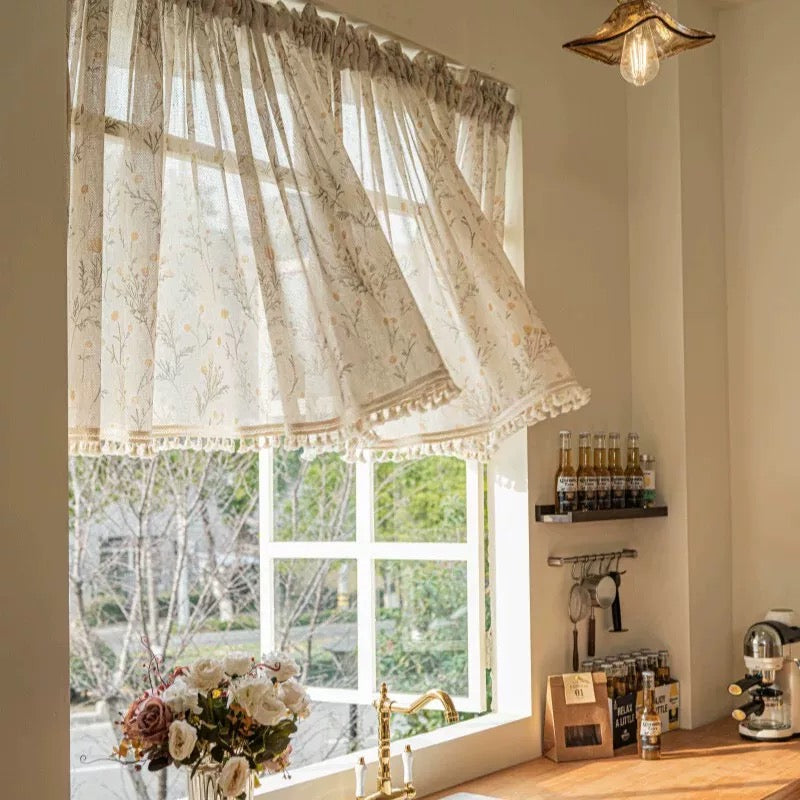Split Pair 2 Panels 59" × 24" Free curtain rod included Premium Summer Semi-Privacy Sheer Curtains, Retro Lace Trim for Kitchen Window Over Sink,