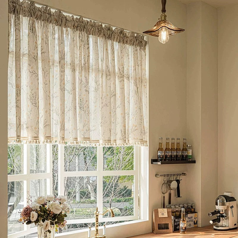 Split Pair 2 Panels 59" × 24" Free curtain rod included Premium Summer Semi-Privacy Sheer Curtains, Retro Lace Trim for Kitchen Window Over Sink,
