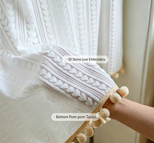59" × 47" Cute White Door Curtain with Removable Cloud Plush Dolls & Pom Pom Tassels, Semi Sheer Privacy Curtain for Closet, Bedroom, Kitchen, No Drill Rod Pocket Short Curtain for Small Doorways, Boho Aesthetic Room Decor