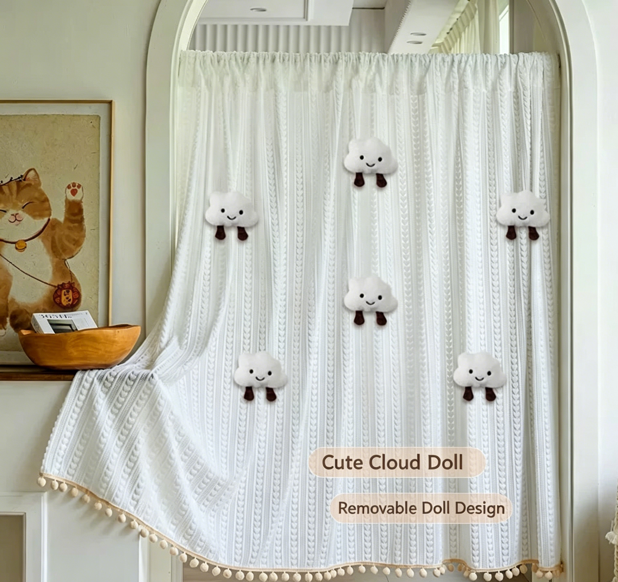59" × 47" Cute White Door Curtain with Removable Cloud Plush Dolls & Pom Pom Tassels, Semi Sheer Privacy Curtain for Closet, Bedroom, Kitchen, No Drill Rod Pocket Short Curtain for Small Doorways, Boho Aesthetic Room Decor