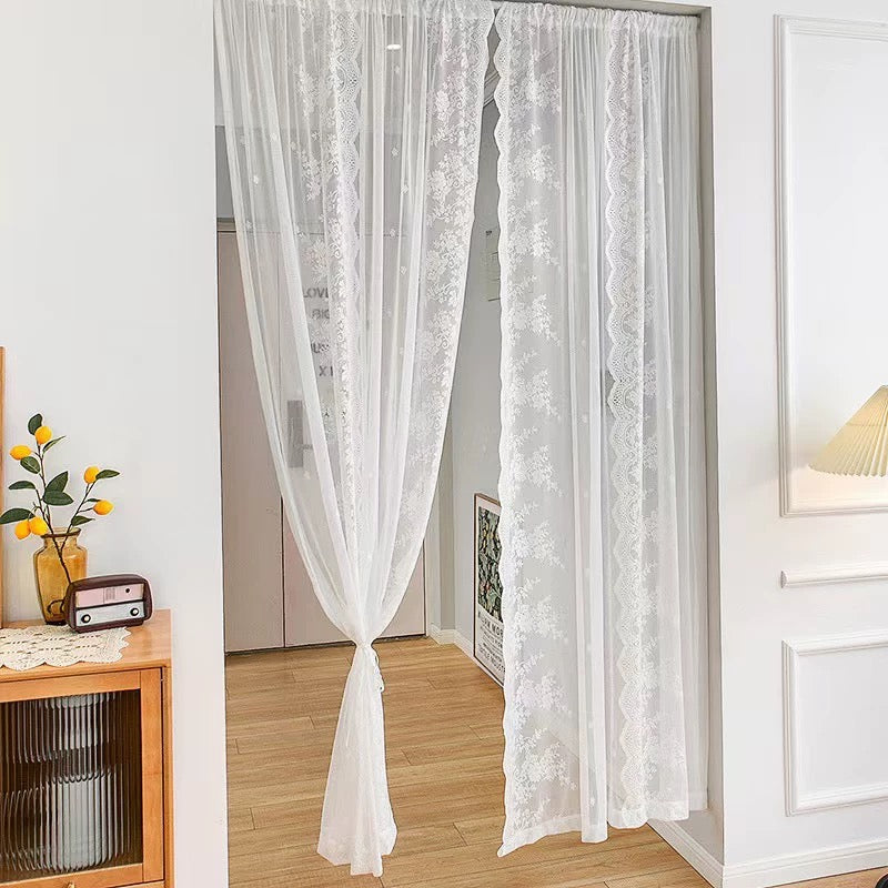 55" × 63"White Lace Semi-Sheer Curtains with Tassels Free curtain rod included Free Tension Rod Included | Light Filtering Privacy Drapes for Kitchen, Bathroom, Bedroom & Cafe