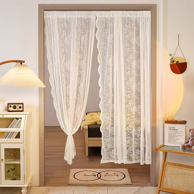55" × 63"White Lace Semi-Sheer Curtains with Tassels Free curtain rod included Free Tension Rod Included | Light Filtering Privacy Drapes for Kitchen, Bathroom, Bedroom & Cafe