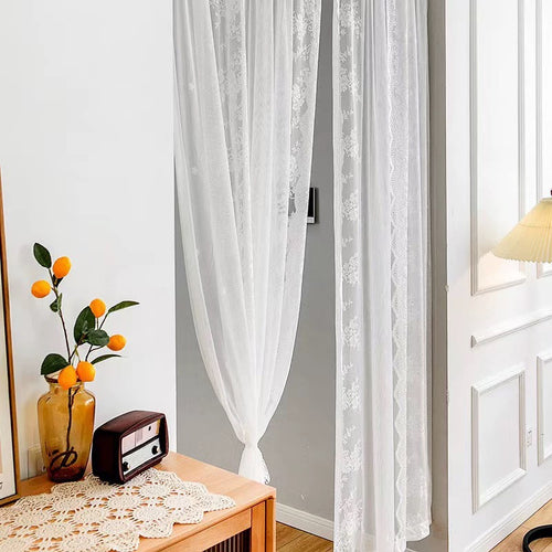 55" × 63"White Lace Semi-Sheer Curtains with Tassels Free curtain rod included Free Tension Rod Included | Light Filtering Privacy Drapes for Kitchen, Bathroom, Bedroom & Cafe