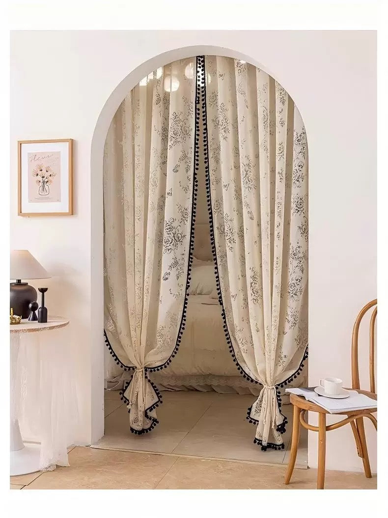 French Romantic Floral Lace Doorway Curtain - 20" W x 71" H Semi-Sheer Room Divider with Pom Pom Trim, Free Tension Rod Included
