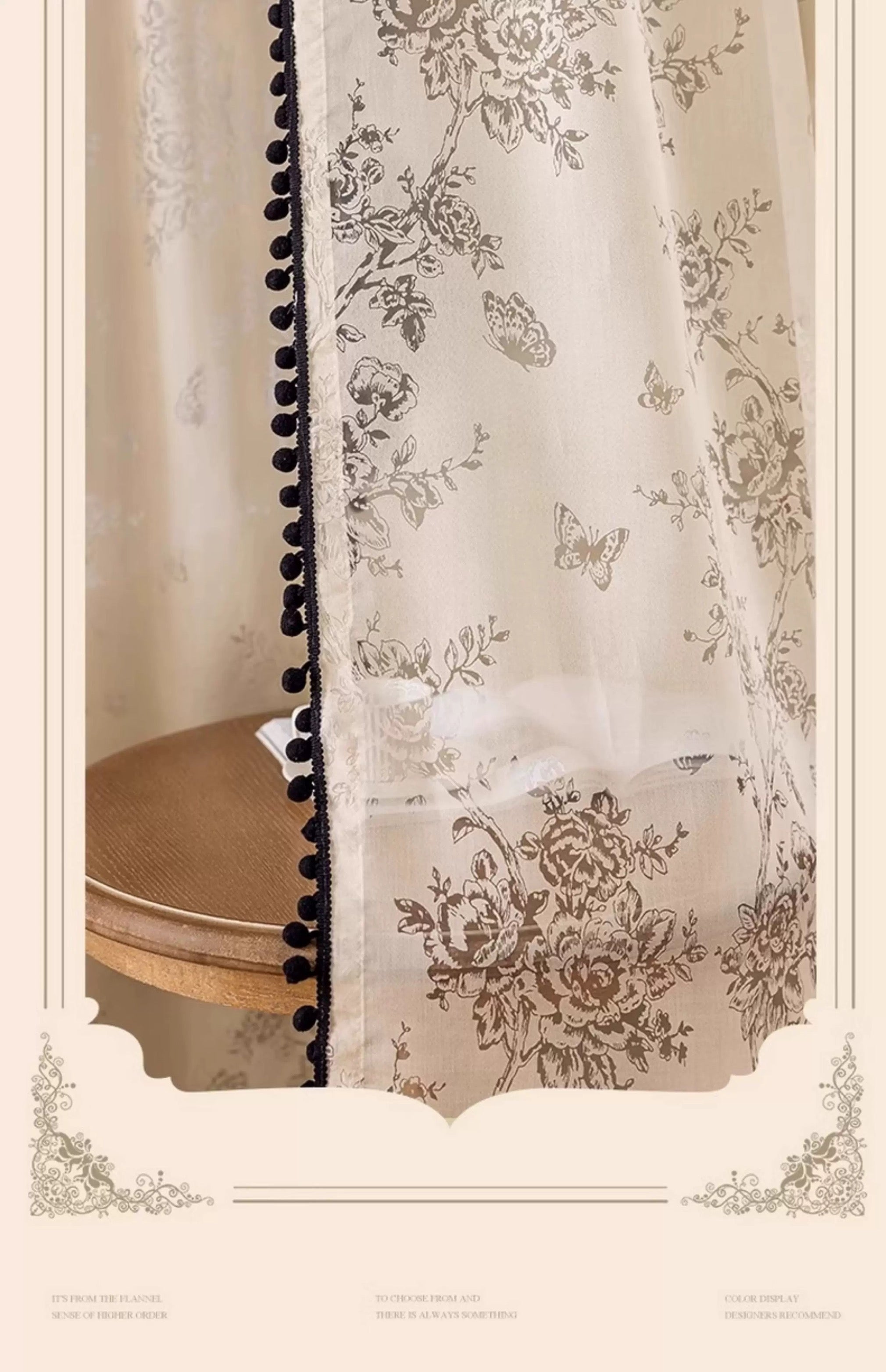 French Romantic Floral Lace Doorway Curtain - 20" W x 71" H Semi-Sheer Room Divider with Pom Pom Trim, Free Tension Rod Included